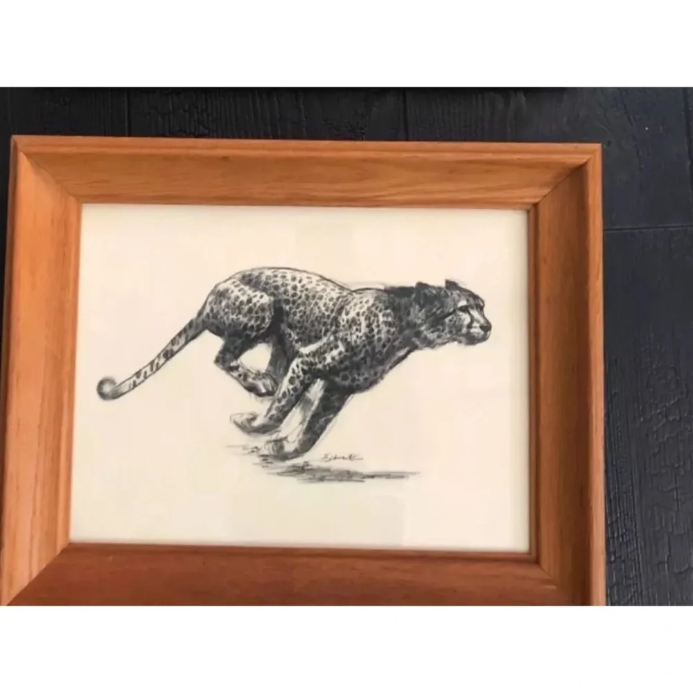 Vintage Art Etchings Drawing Cheetah Framed D.‎  Schwartz